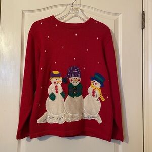 In Resource Snowman Christmas Pullover Sweater Red Applique Size M Holiday 90s
